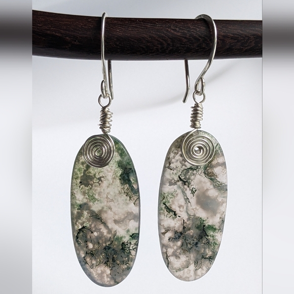 Sterling Silver Earrings Earthy Green Moss Agate Gems Bohemian Spiral Details - Picture 12 of 15
